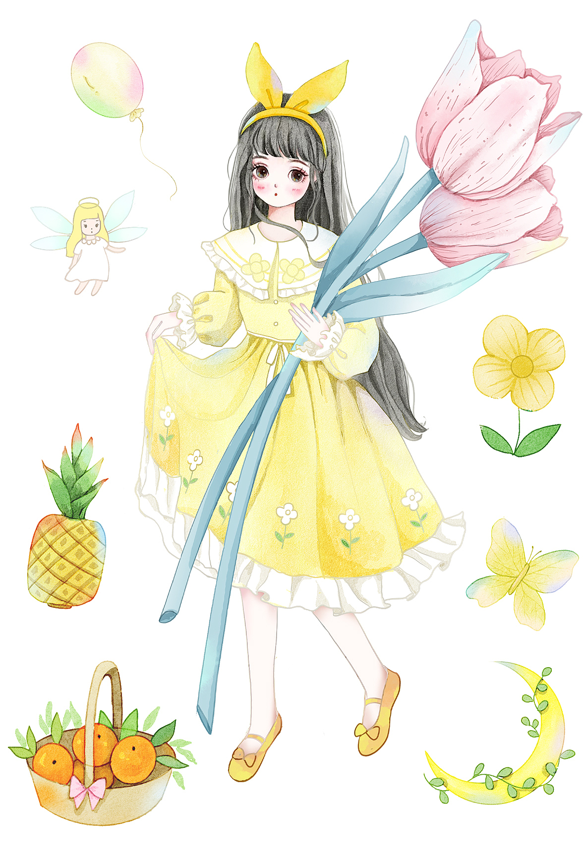 拥抱郁金香的小女孩