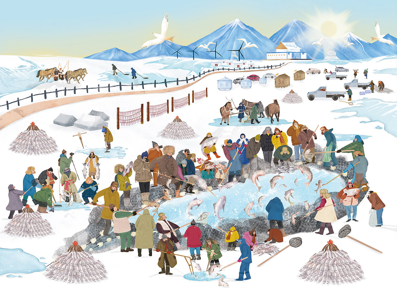 查干湖冬捕插畫提案_LaurenChen-站酷ZCOOL
