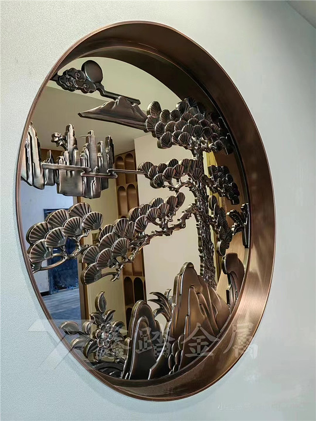 迎客松古铜浮雕壁画 圆形山水隔断这样装