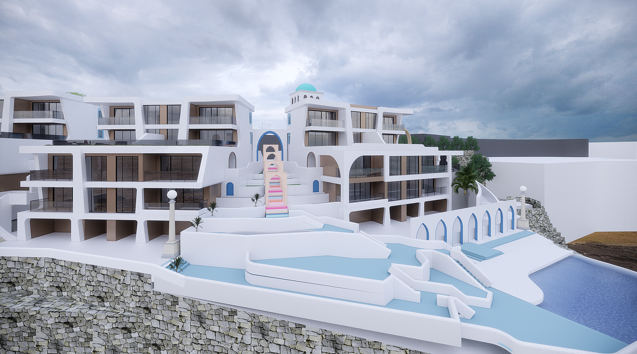 希腊圣托里尼度假别墅SU模型下载