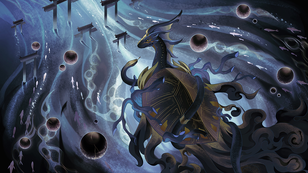 玄武真神,属水,身上缠绕一蛇,描绘了在水面行走突然回首的一个感觉,周围鱼群环绕,水纹荡漾,玄武似逆流而上又似万水源头,滋养生灵