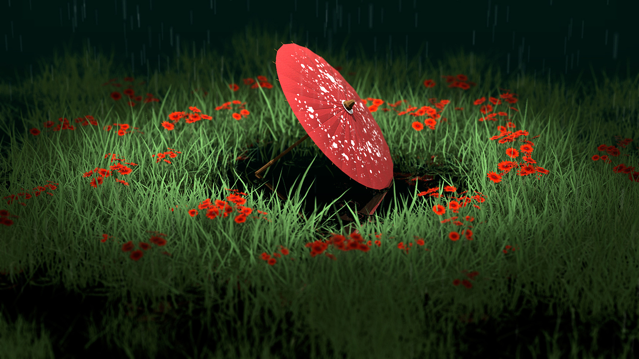 油纸伞飘落在花丛中