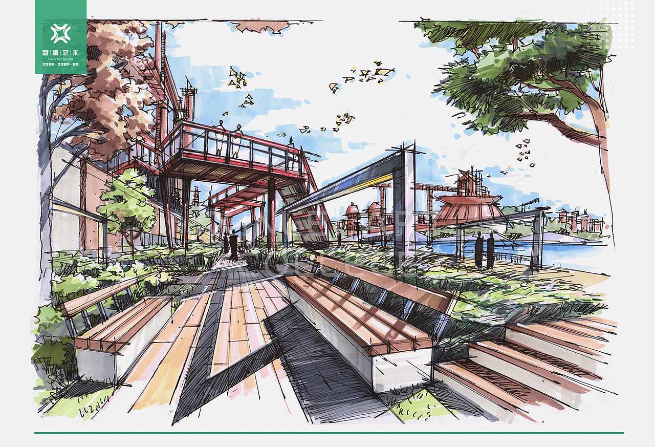 园林景观设计手绘表达/园林景观效果图手绘/风景园林