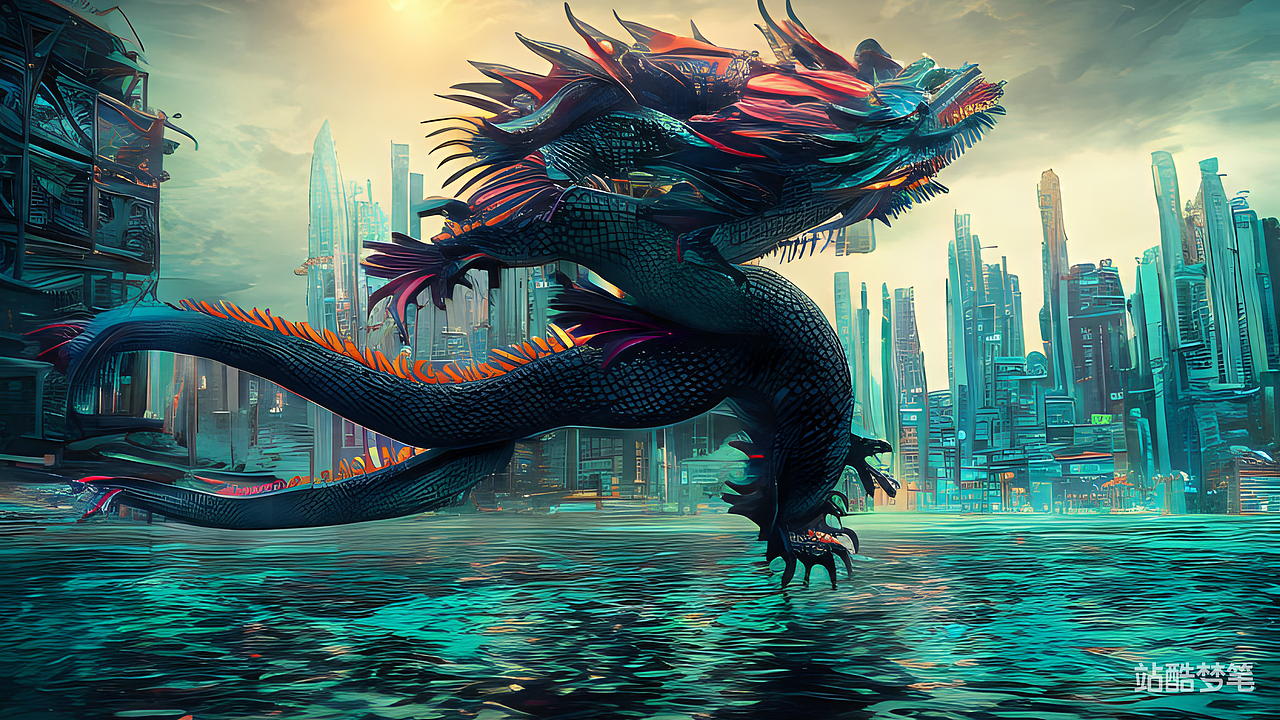 #站酷梦笔#鱼跃龙门，赛博朋克