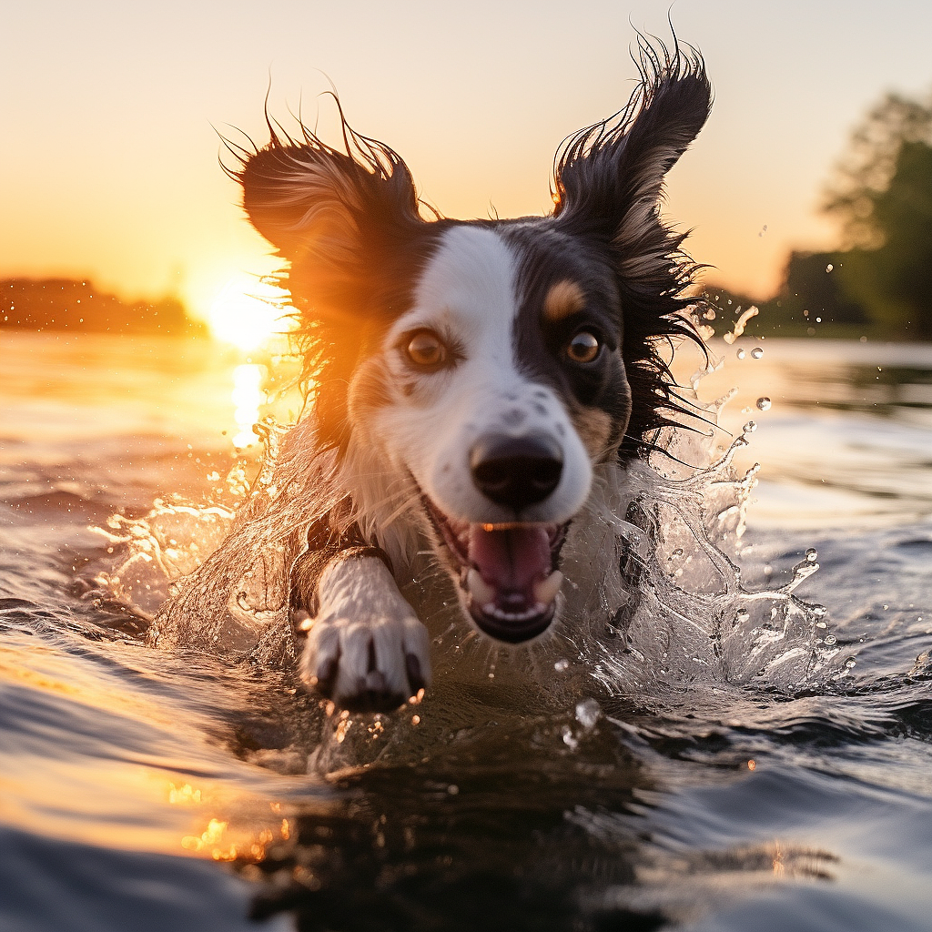 欢快明亮的边境牧羊犬在日落时分的河中游泳