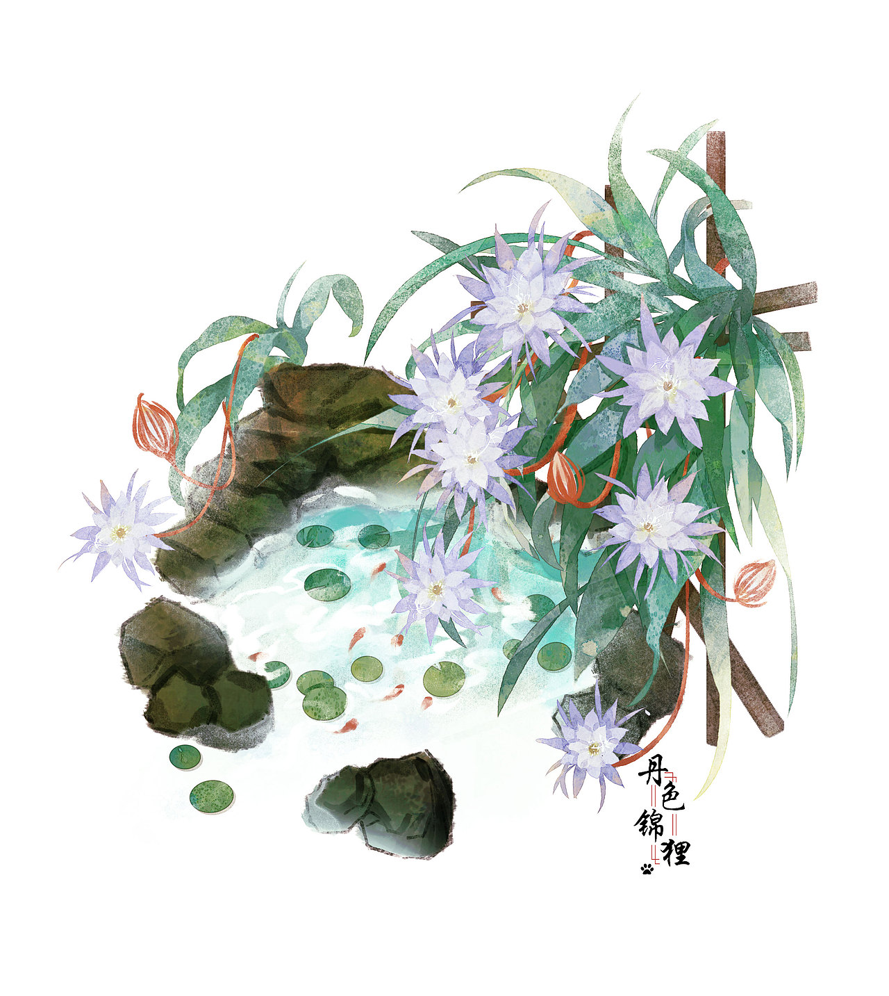 古风水彩花卉小物插画