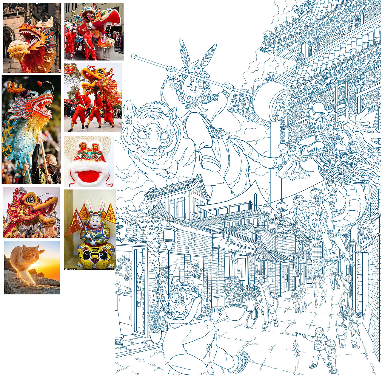 4.最后也是比较关键的部分,就是兔爷舞龙部分,这是这个画面视觉集中的部分。在找了多个舞龙参考后,又参考了舞狮的造型,最后把龙的造型定下来,同时调整兔爷与龙的姿势,增加胡同内人物与舞龙的造型的互动,整个一幅北京视觉完成了。