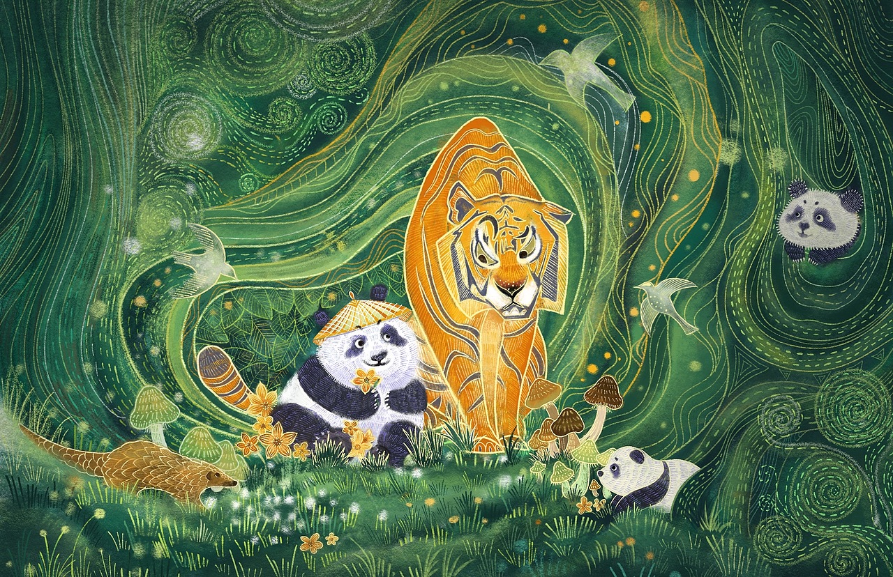《在林中》——大熊猫和小伙伴们（图ZMzUyNDA1MjA4） - 商业插画 - 站酷设计师努力画画的丁小雨原创素材 - 站酷ZCOOL