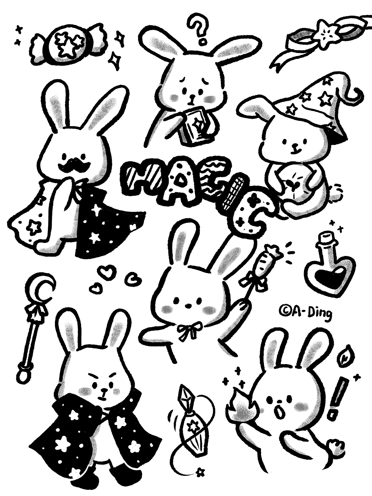 黑白线描手账素材-兔子邦妮的魔法-简笔画可爱兔兔