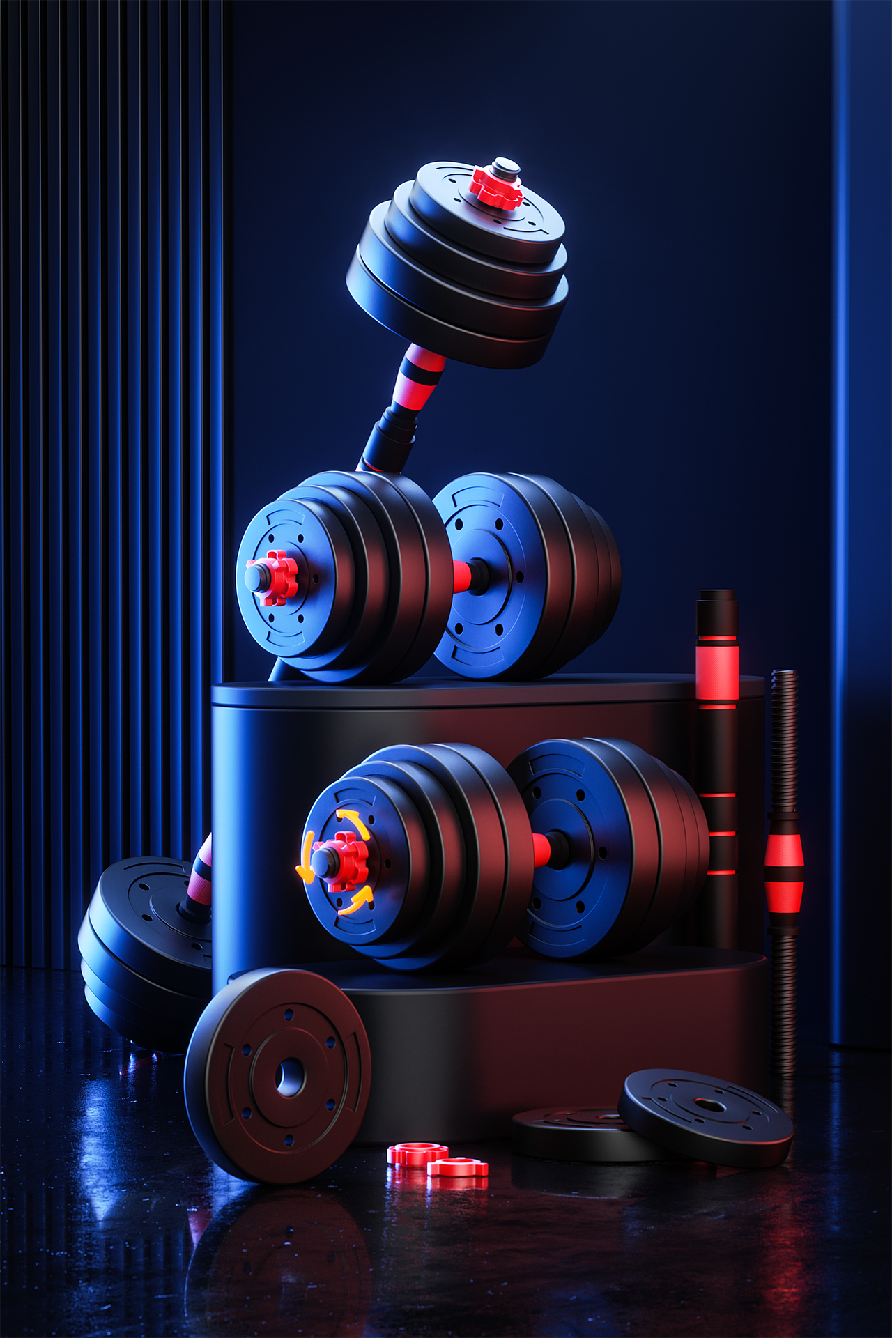 产品渲染:哑铃和仰卧起坐辅助器