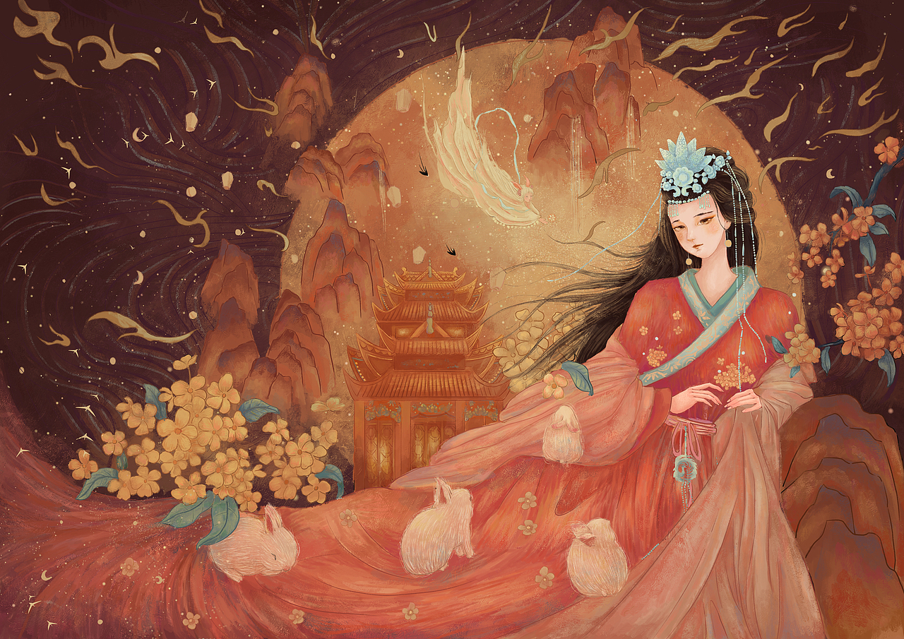 中秋节气插画–《花朝月夜》