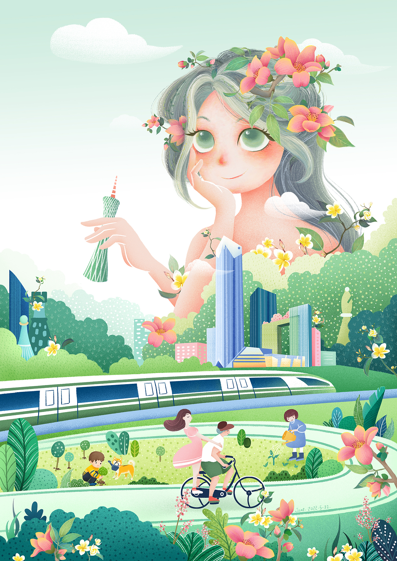 以广州为背景创作的城市主题插画,倡导绿色出行,低碳生活,打造绿色