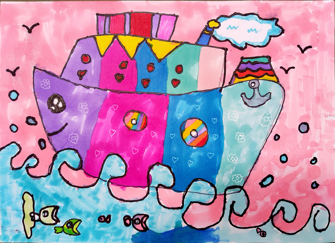 海洋上的大轮船（作者：Z瑾垟）（图ZMzQzNjEyMzEy） - 儿童插画 - 站酷设计师儿童创意美术原创素材 - 站酷ZCOOL