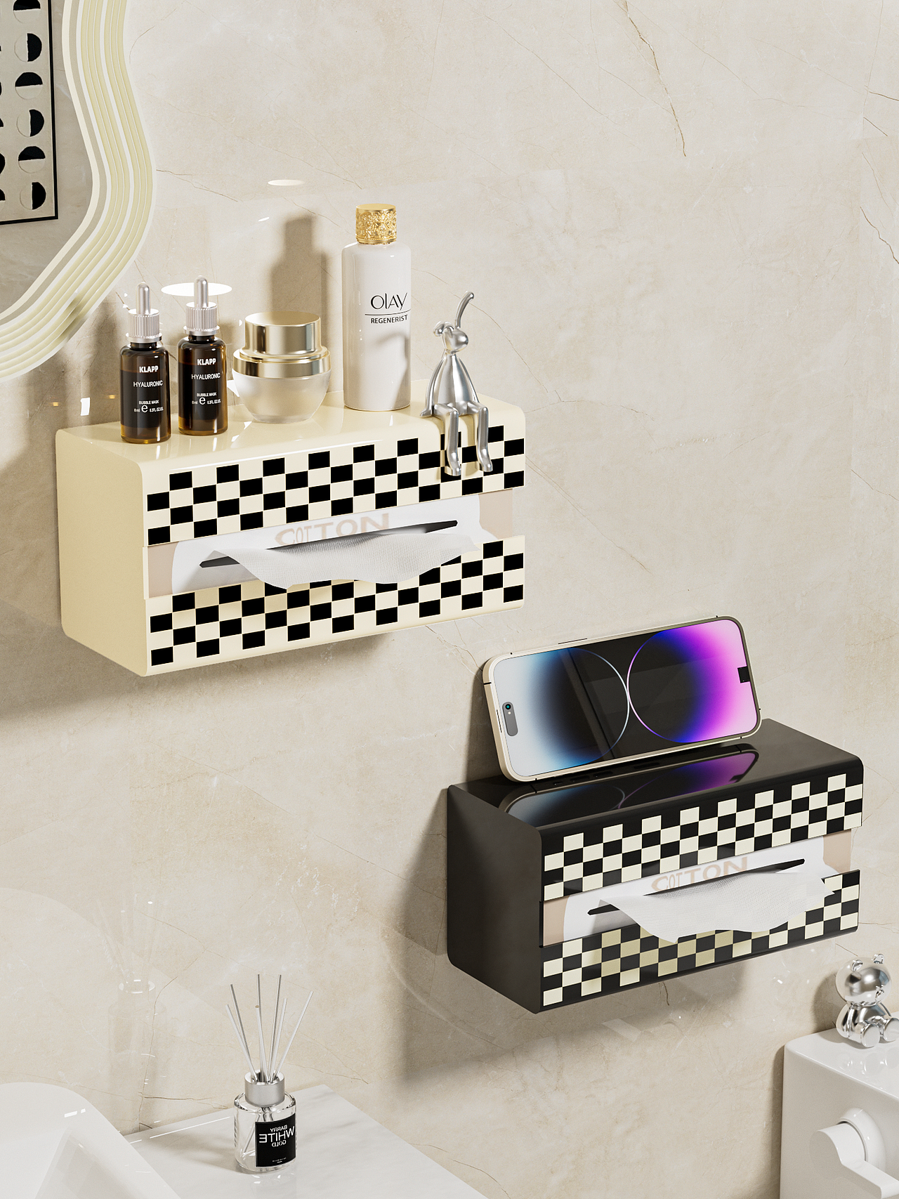 奶油风棋盘纸巾盒