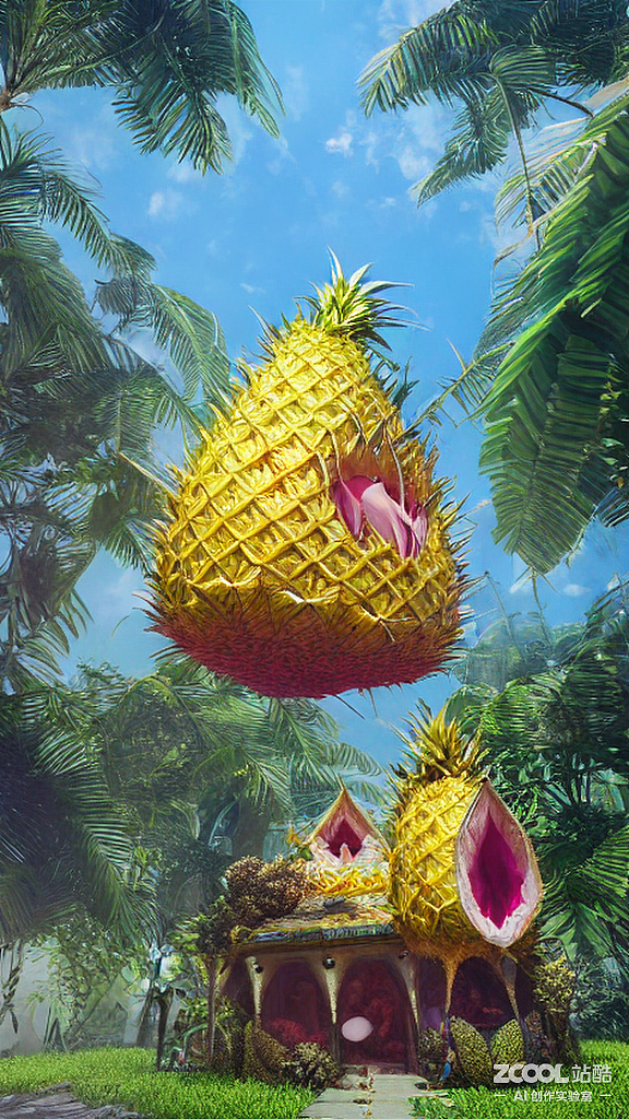 #AI创作实验室#【菠萝X火龙果】植物水晶楼房