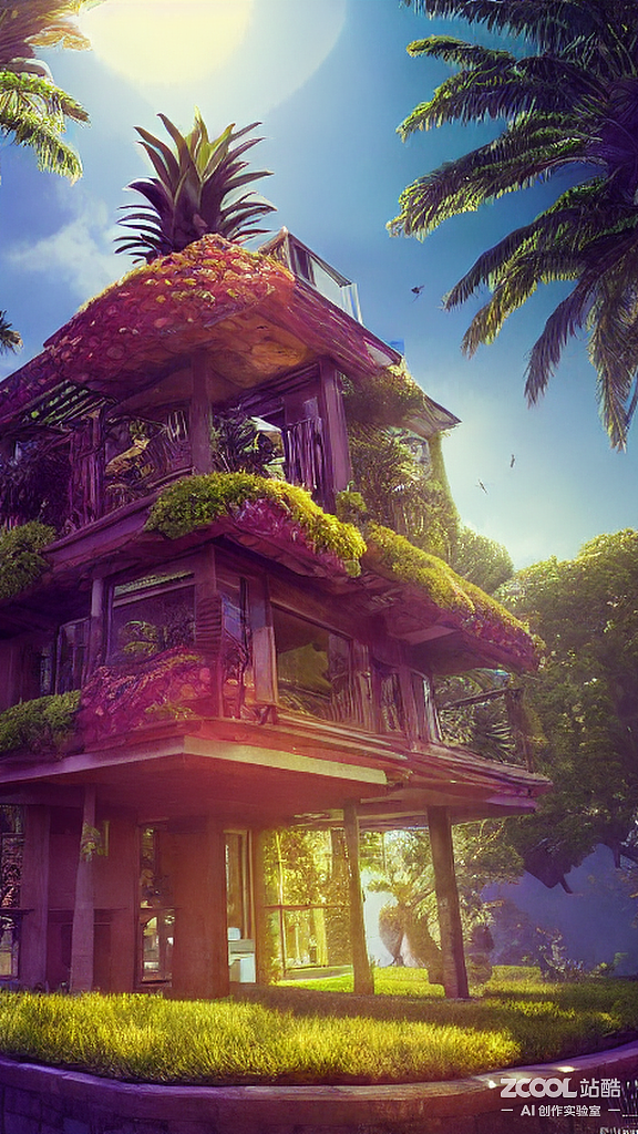 #AI创作实验室#【菠萝X火龙果】植物水晶楼房