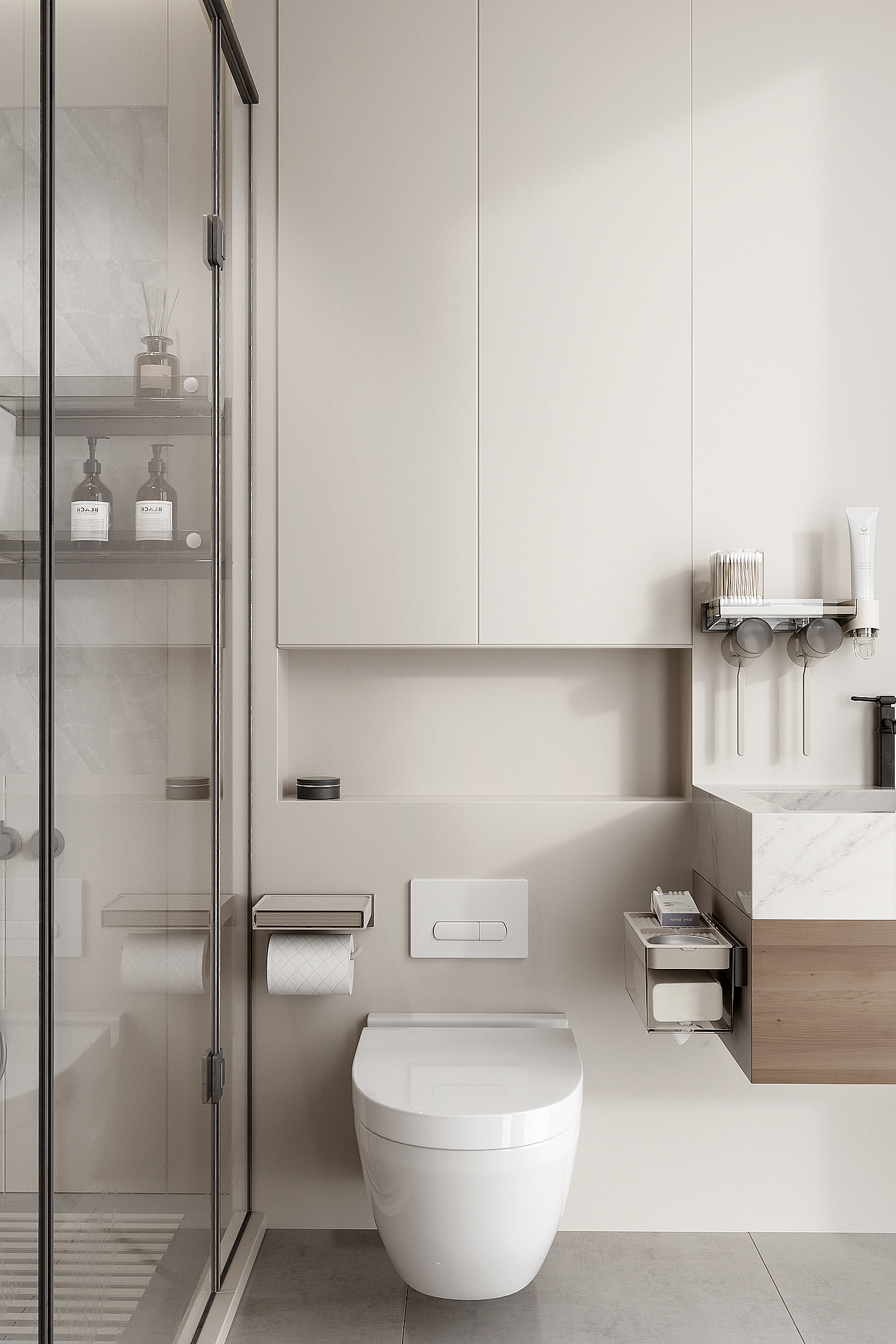 分区收纳 三位一体
狭小卫浴 升维打击<br><br>淋浴区、盆台区、马桶区<br>3分区全场景收纳,为空间升维扩容