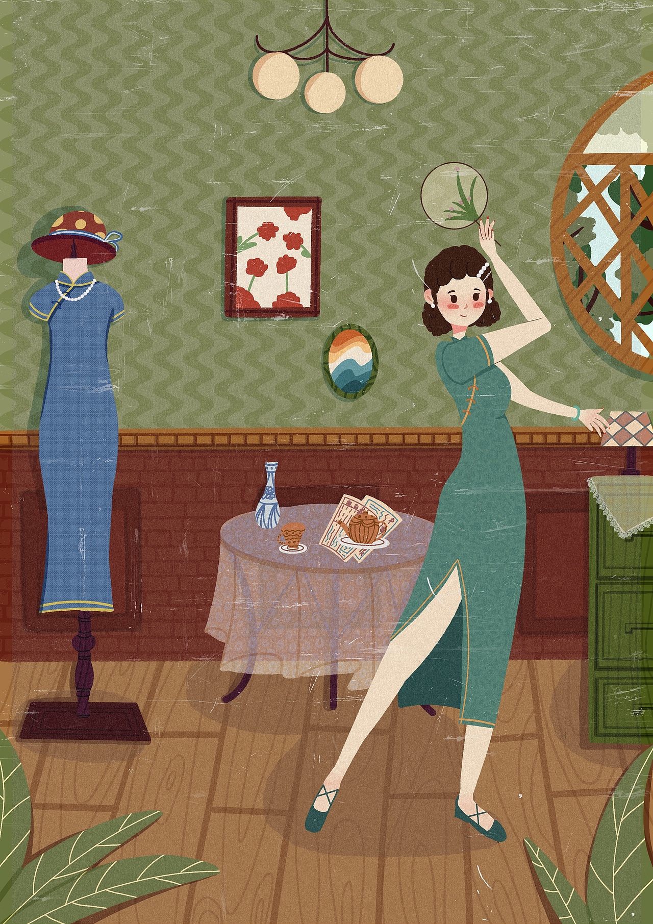 室内扁平民国风小场景