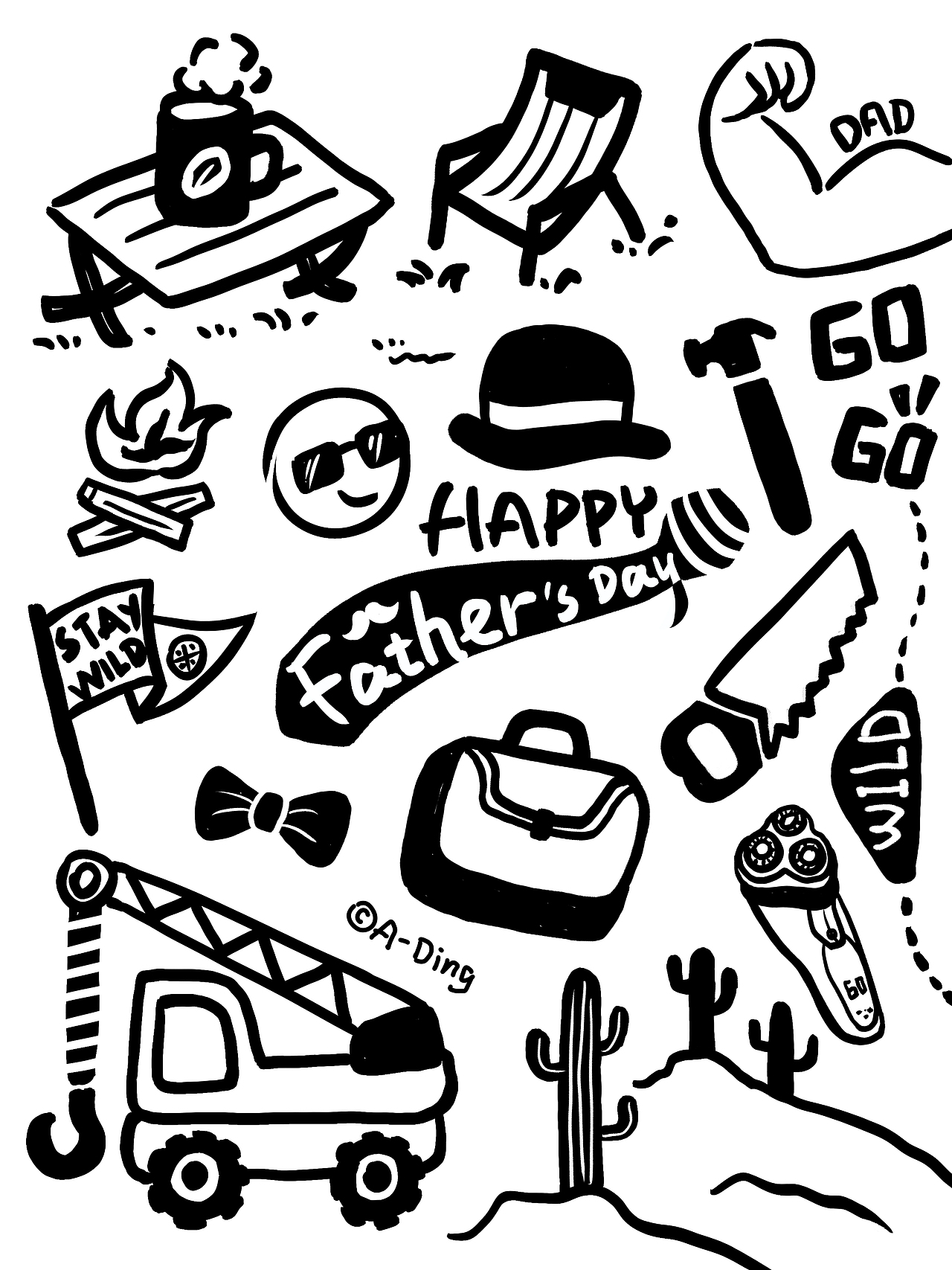 黑白线描简笔画可爱手账元素