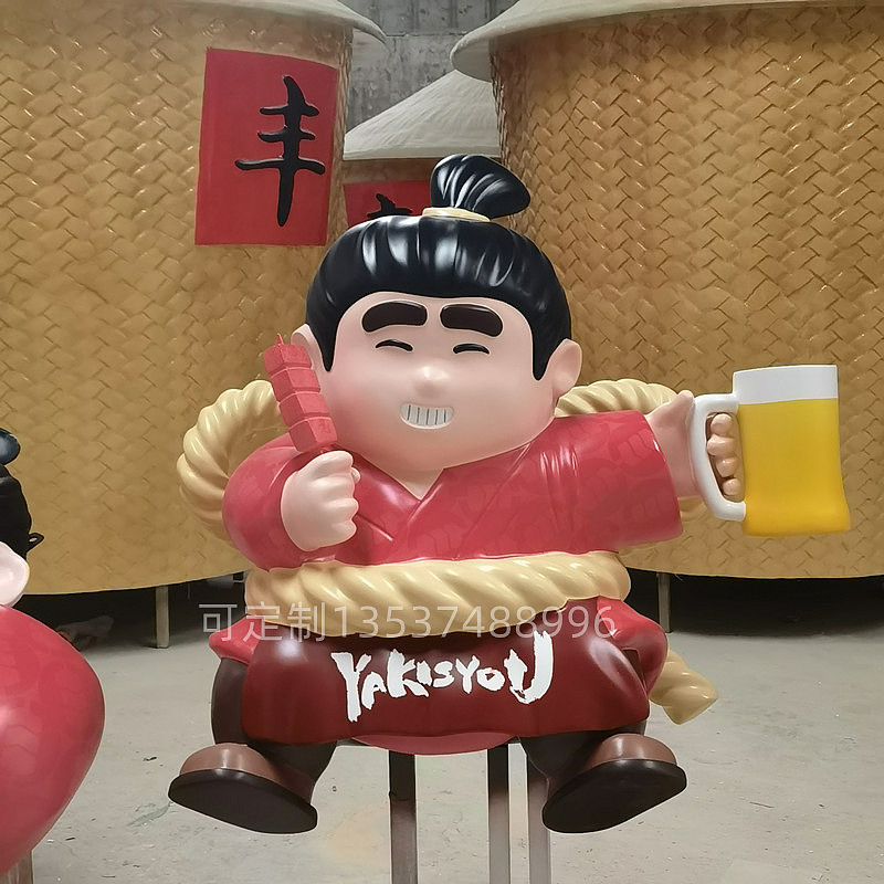 烧烤店装饰摆件玻璃钢相扑人偶雕塑半立体动漫人物模型