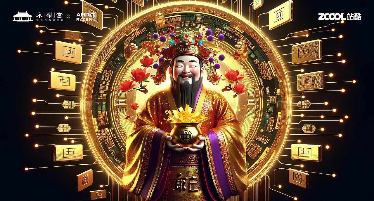 数字仙境：AMD、永乐宫与财神联手AI，共绘科技瑞气！（图ZMzU4NzM5MDc2） - AI作品 - 站酷设计师不耳创意设计原创素材 - 站酷ZCOOL