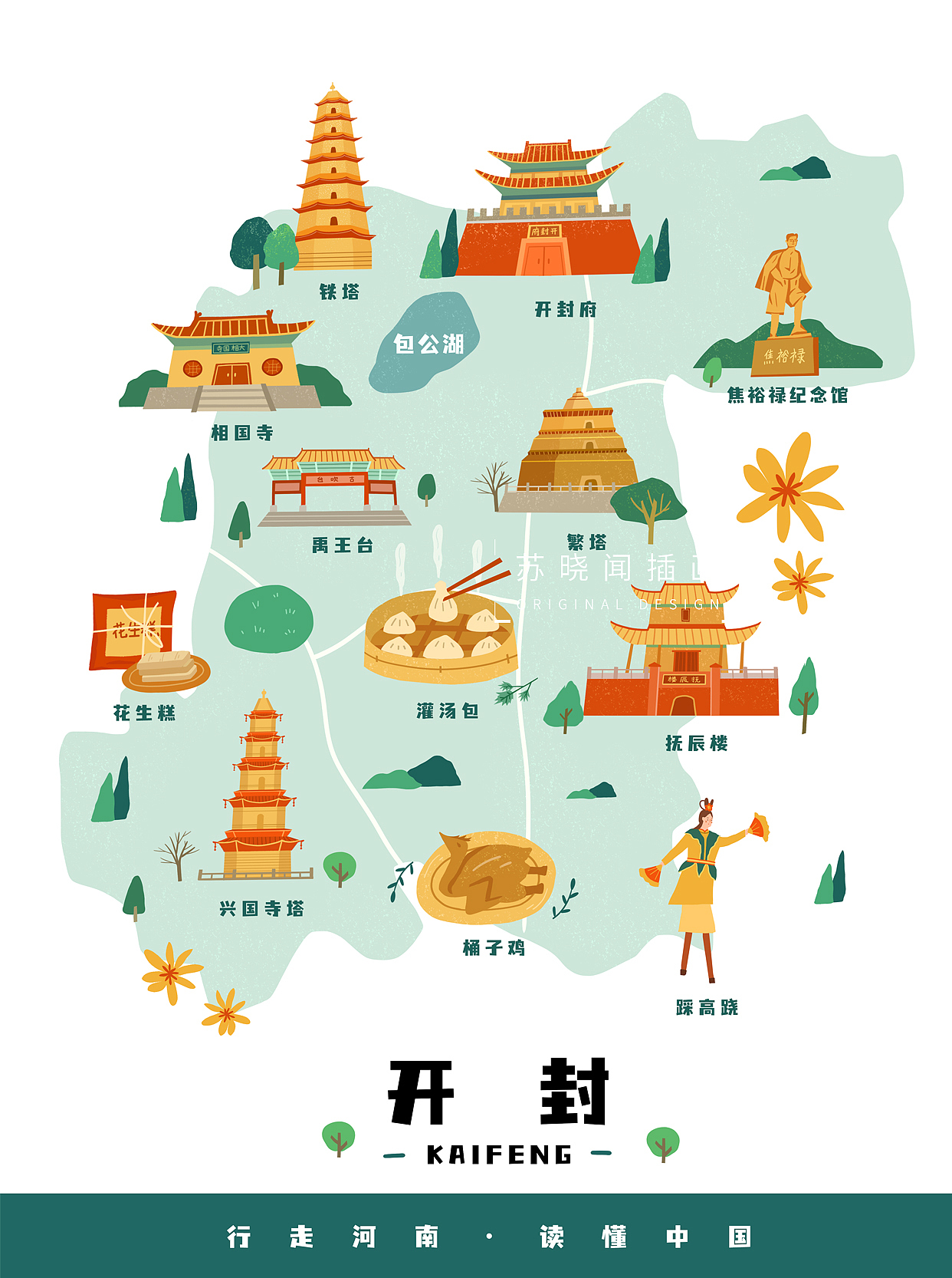 城市手绘地图插画-开封|南阳|信阳