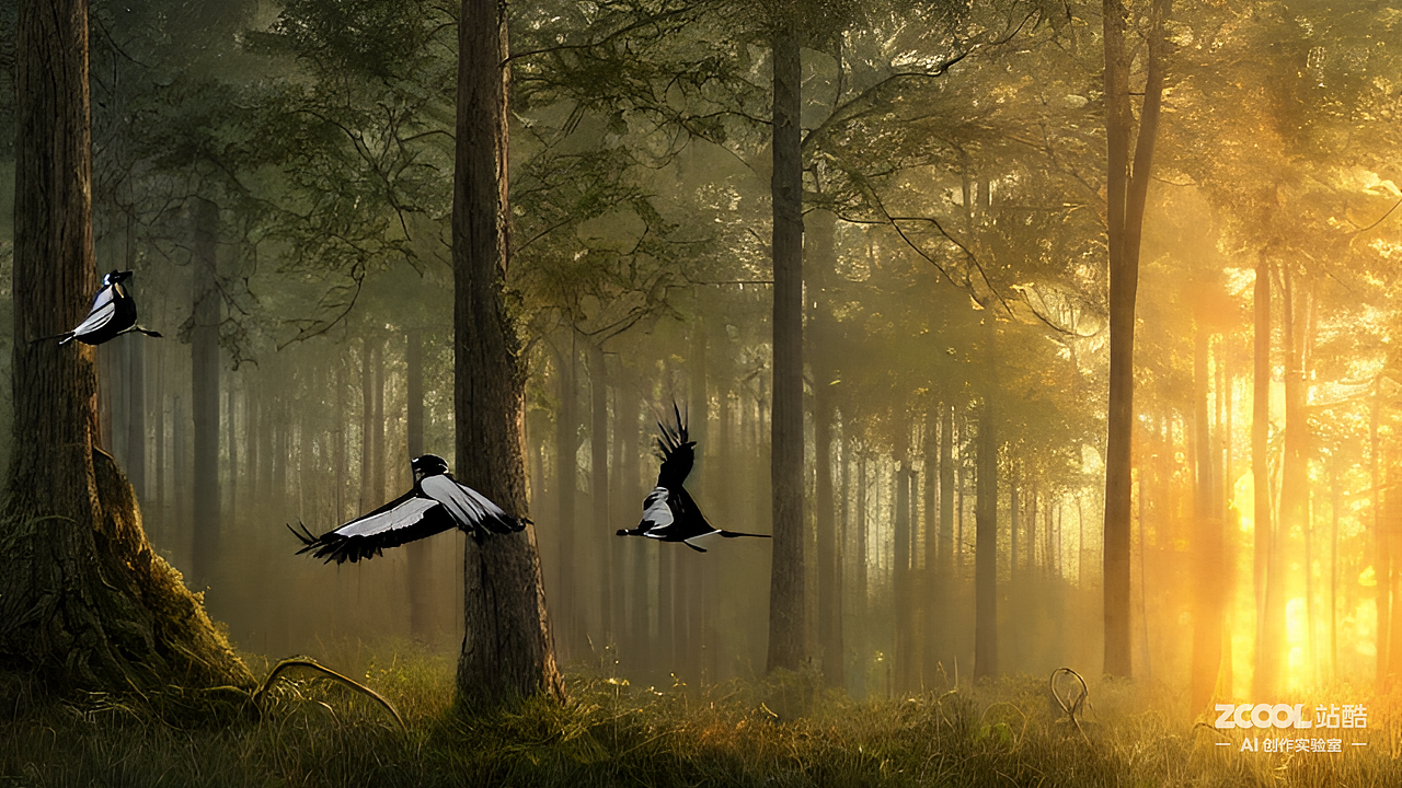 #AI创作实验室#森林，喜鹊，夕阳（图ZMzIyMDY2NTg4） - AI作品 - 站酷设计师斗指原创素材 - 站酷ZCOOL