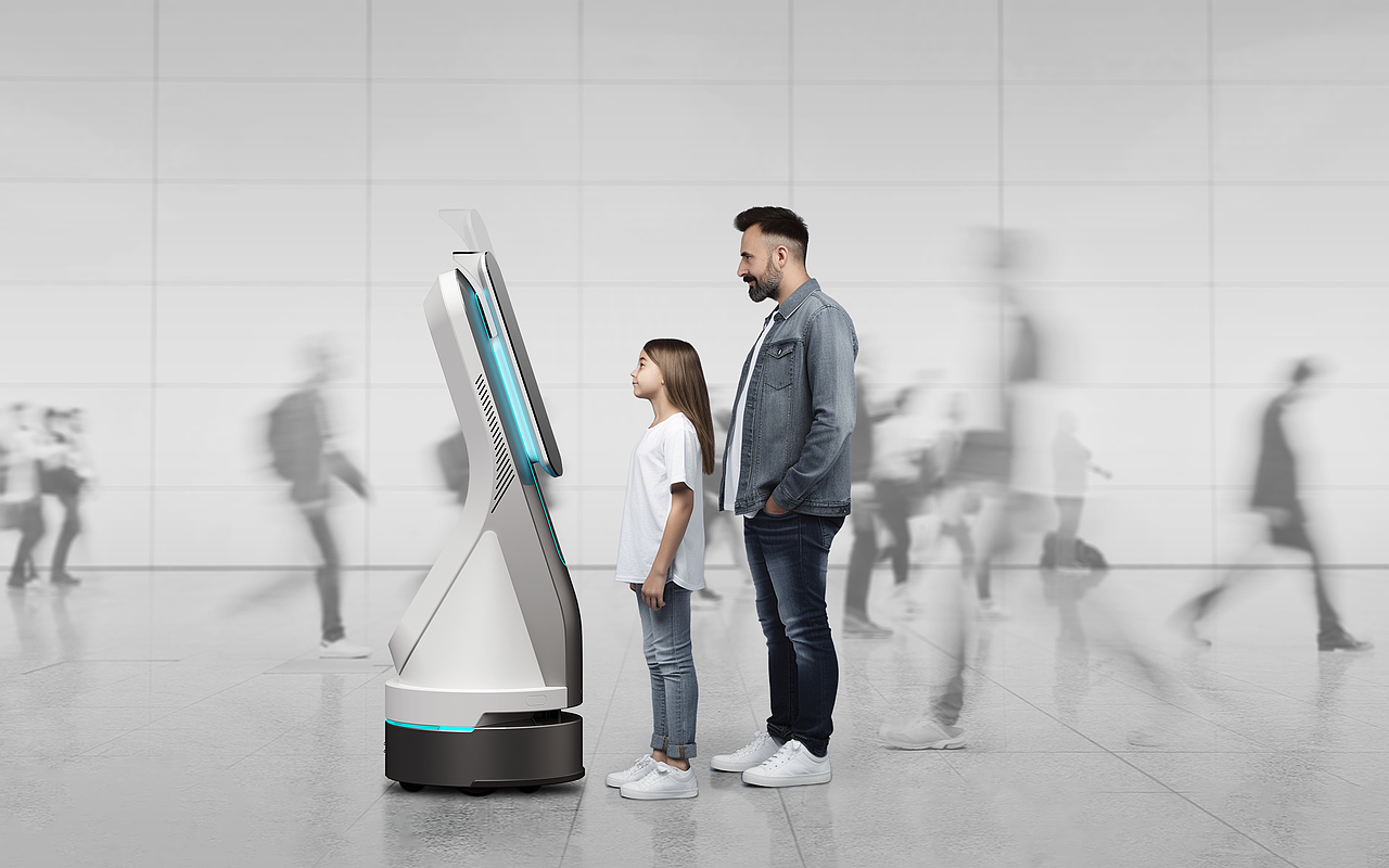 通过感知使用者身高，机器人会将屏幕升降至最适合操作的高度，保证不同身高人群的交互体验。