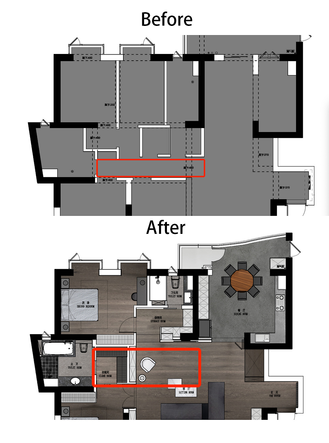 把原先过道空间一部分划到了客厅
一部分给了主卧衣帽间区域