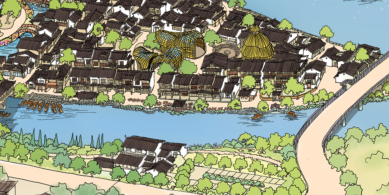 浙江古镇手绘鸟瞰图