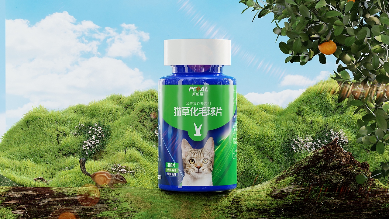 宠物猫草化毛球片-Keyshot渲染+背景合成快速完成