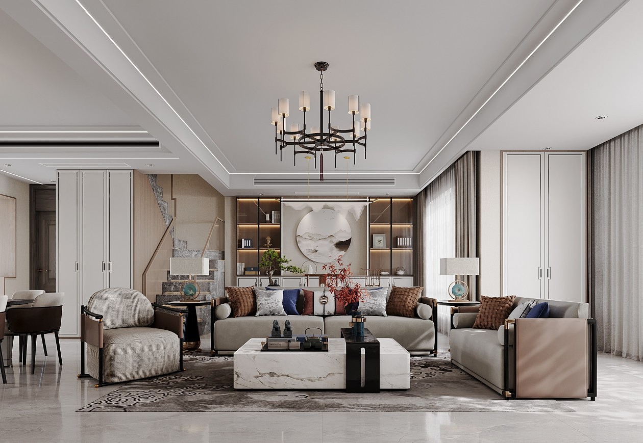 新中式风格客餐厅（图ZMzMzNDc3NjYw） - 商业空间设计 - 站酷设计师效果图小芳原创素材 - 站酷ZCOOL