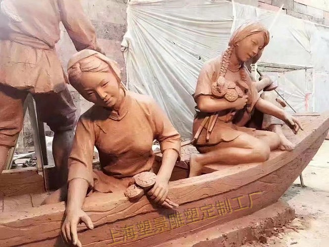 水景铜采莲藕雕塑 采莲女雕像定制