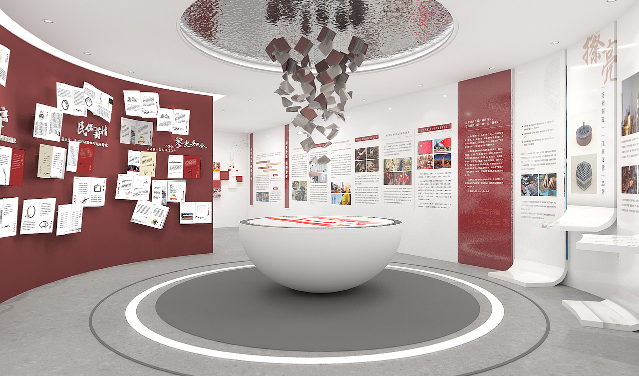 在圆形投影台的两侧,分别是厚德载物·史海问廉有声互动区和传承非遗·大匠葑采非遗展示区。设计以历史雅韵和苏作精神擦亮“苏州制造”和“江南文化”的品牌名片。
