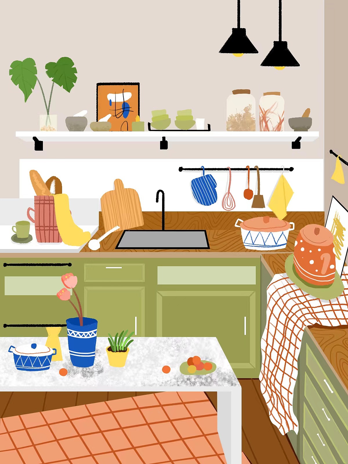 室内场景插画-厨房的女孩