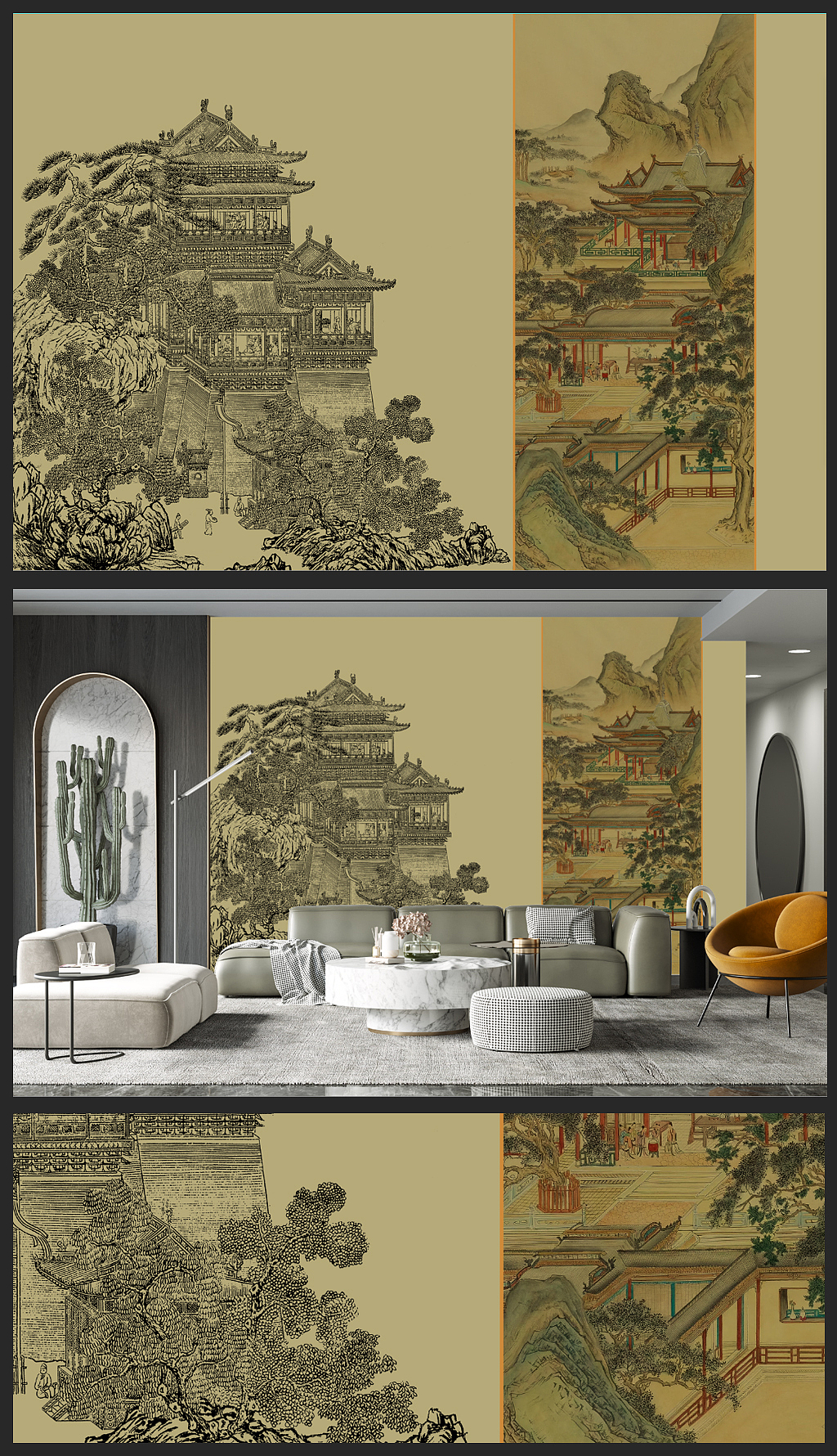 轻奢中式壁画案例分享（图ZMzU5MzEzMzcy） - 家装设计 - 站酷设计师喜之郎1096原创素材 - 站酷ZCOOL