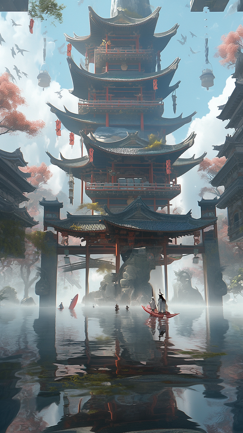 龙腾古韵：古建筑下小女孩与神秘中国龙的奇幻邂逅