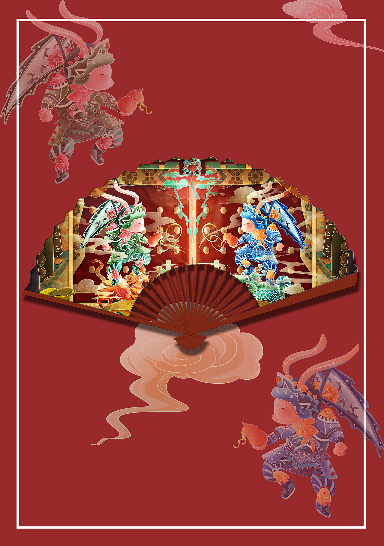 皮影国风插画——灯影兔戏