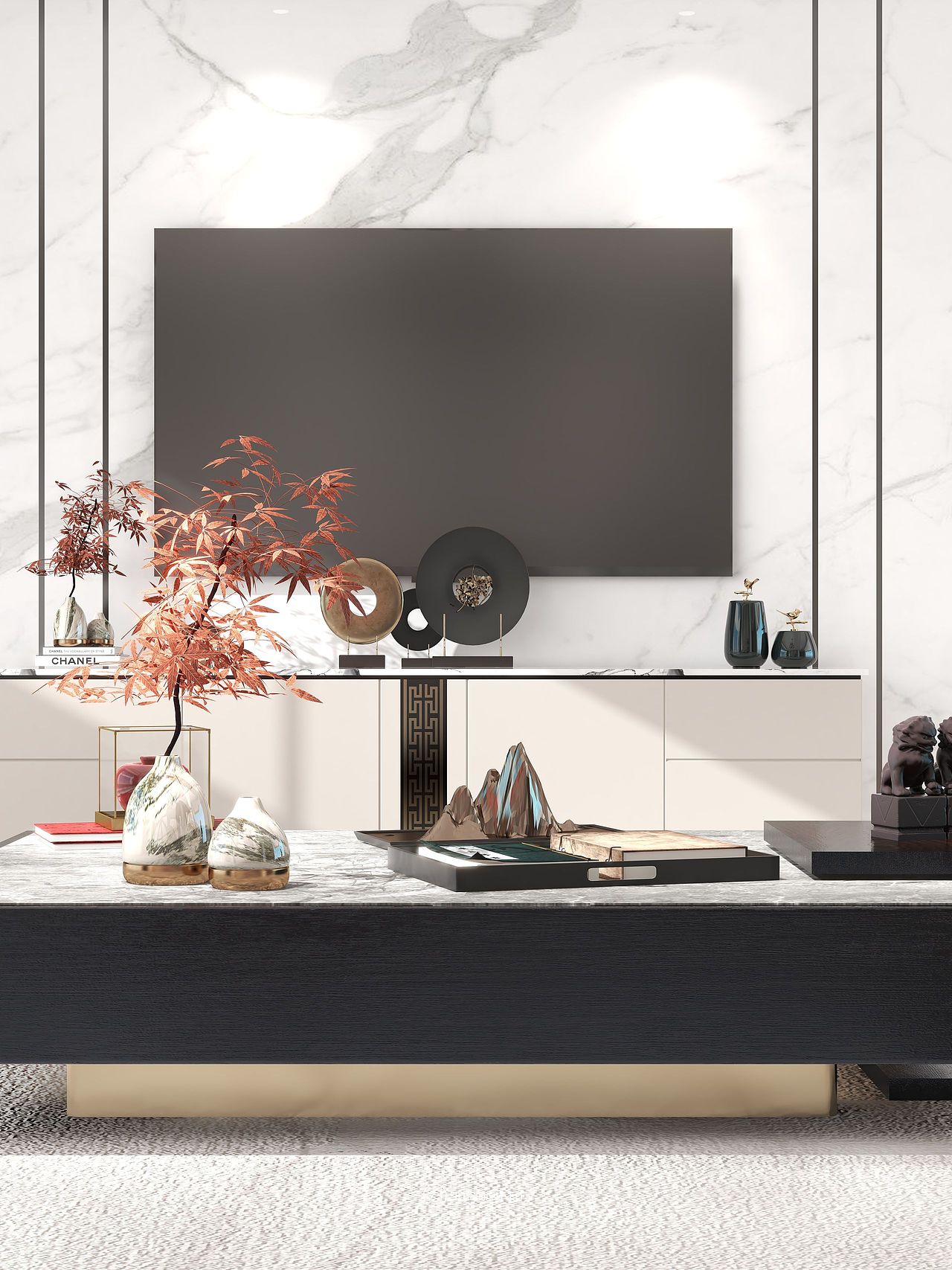 电视背景墙的对称式布局中加入细节的转变,在视觉上的展现也变得更为丰富。其中左侧中式花架用来摆放盆景,右侧大理石摆台用来摆放精致工艺品,不同元素上的巧思也为生活带来十足的艺术气息。