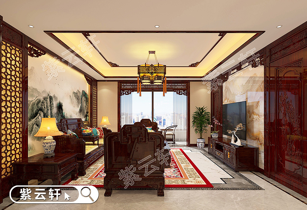 中式别墅客厅装修图,红木沙发搭配圈椅的造型,让整个空间不缺少古典气息的同时,拥有了一丝简约时尚之感。背景处的水墨画饰突显出淡雅的心境,在绿植盆栽的点缀下诠释出中式风格装修独有的质感。阳台空间同样摆放圈椅组合,加之大面积的落地窗设计,可以享受阳光房般的休闲体验。