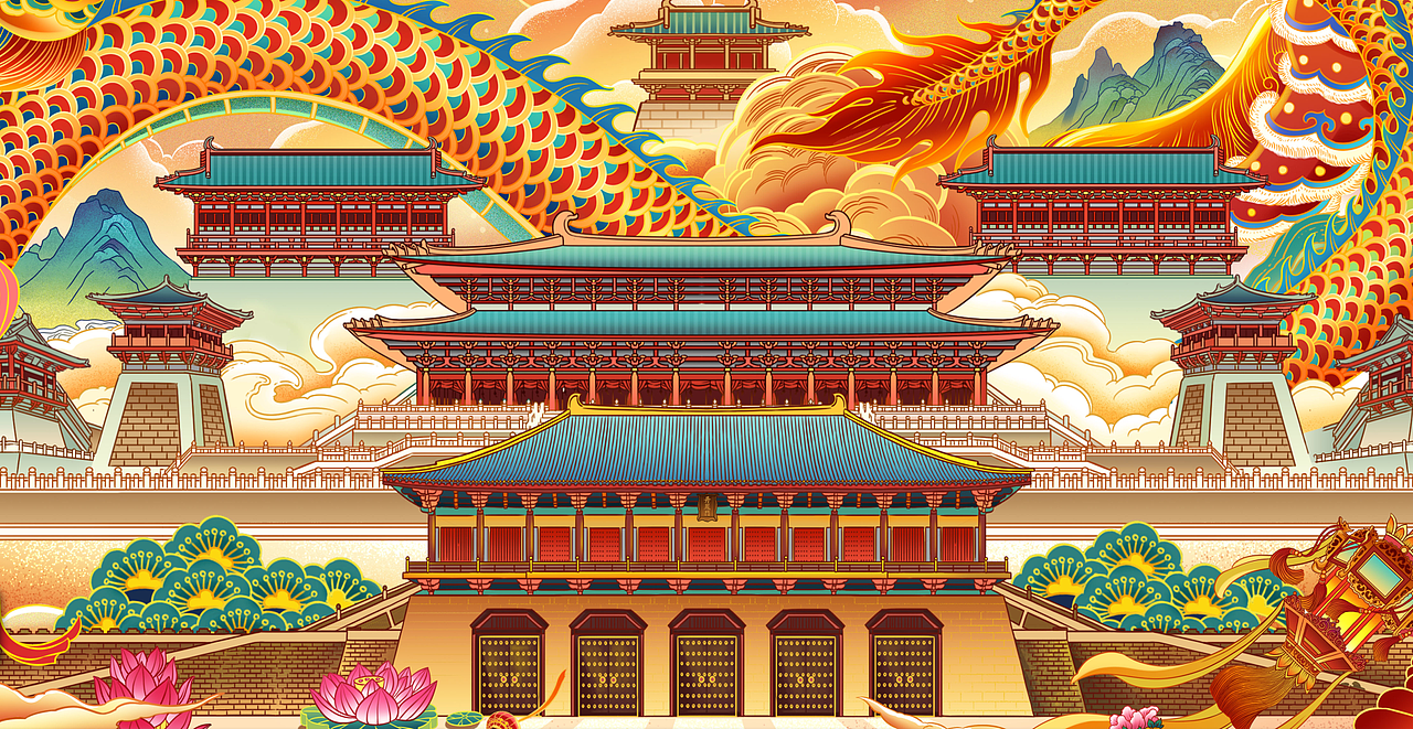西安大明宫上元灯节插画海报（图ZMjk3NDA2NTg4） - 商业插画 - 站酷设计师以爱名之原创素材 - 站酷ZCOOL