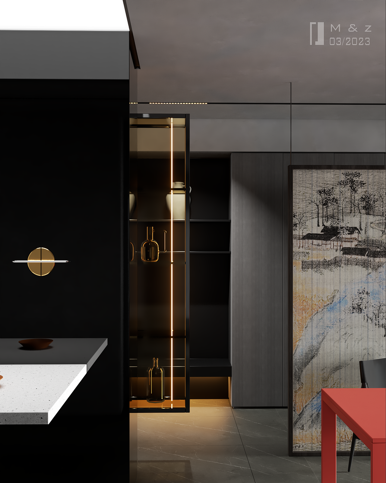 在整个昏暗的氛围中，我用纯黑色来做线条，几乎不用大面积的纯黑色块。玻璃，用大量的玻璃