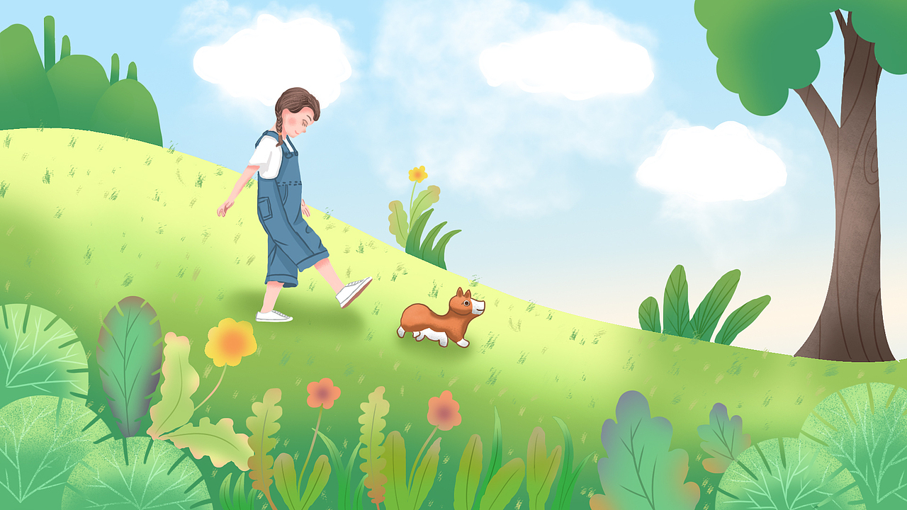 小女孩和小狗场景插画