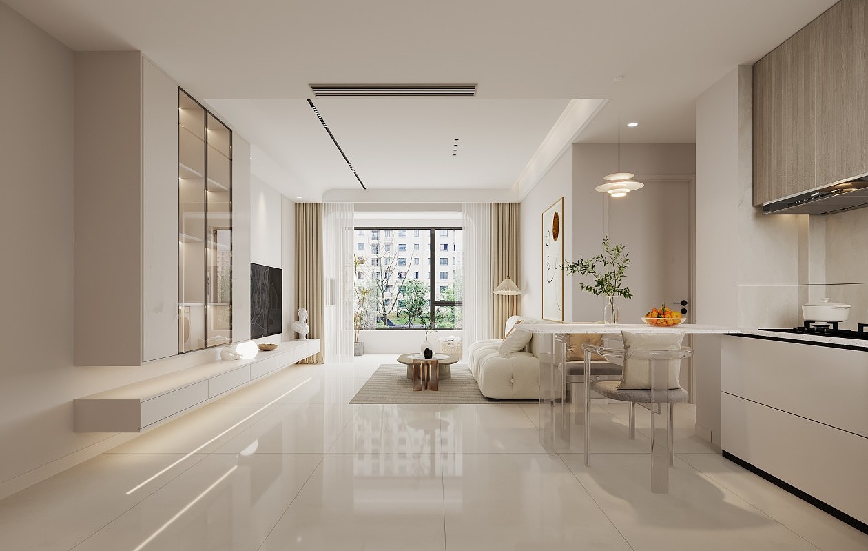 奶油风客餐厅开放式厨房