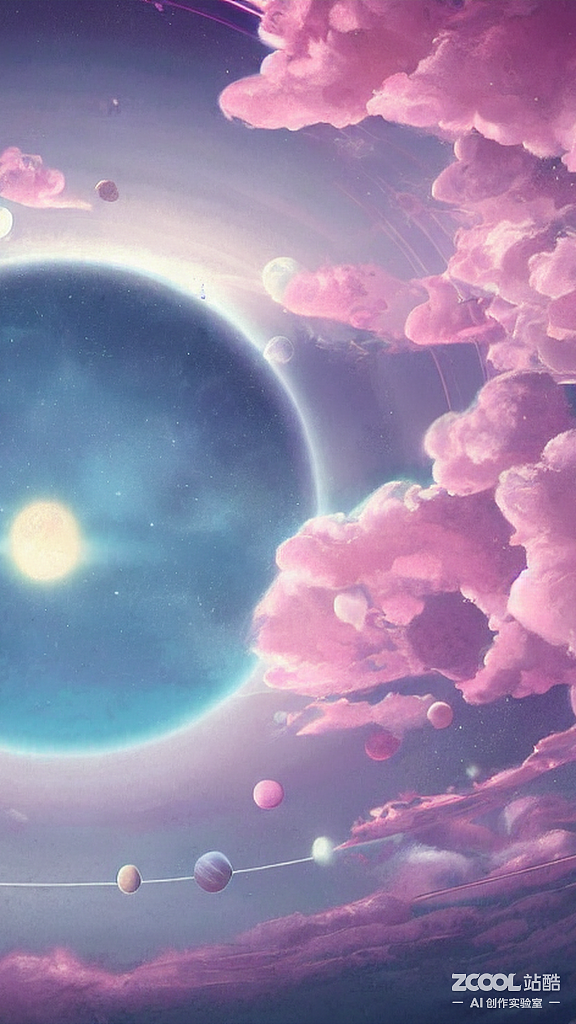 #AI创作实验室#粉蓝色的云层中,有一栋白色的宫殿伫立