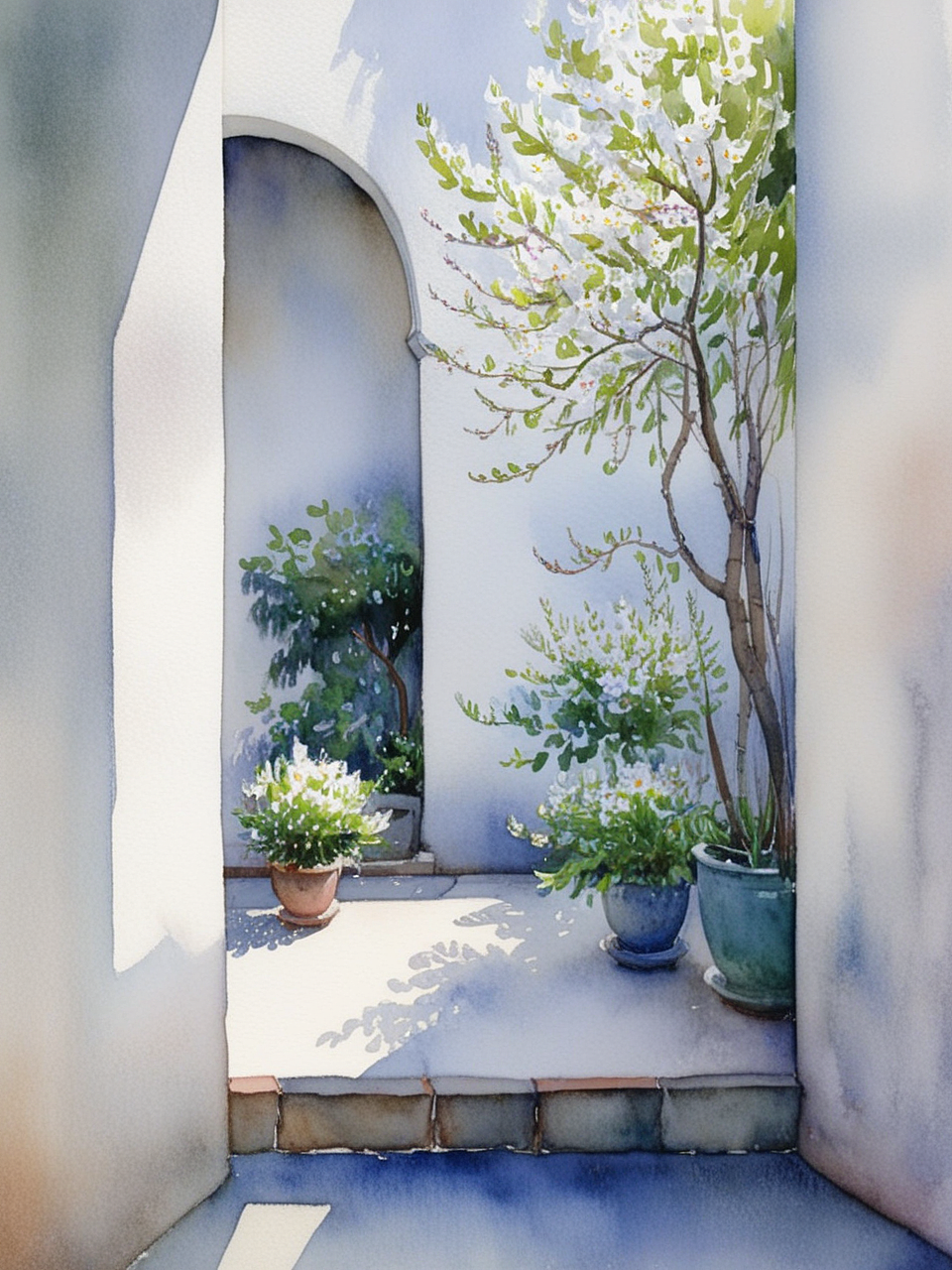 Ai绘画|水彩画小院一角