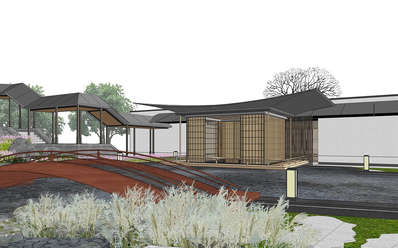 中式组团别墅+景观SU模型下载