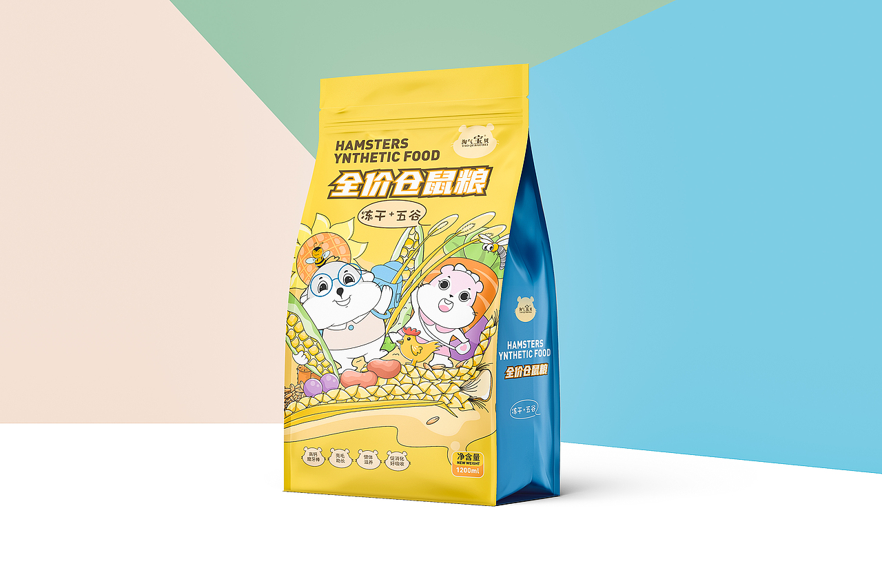 手绘卡通风格宠物粮包装袋设计