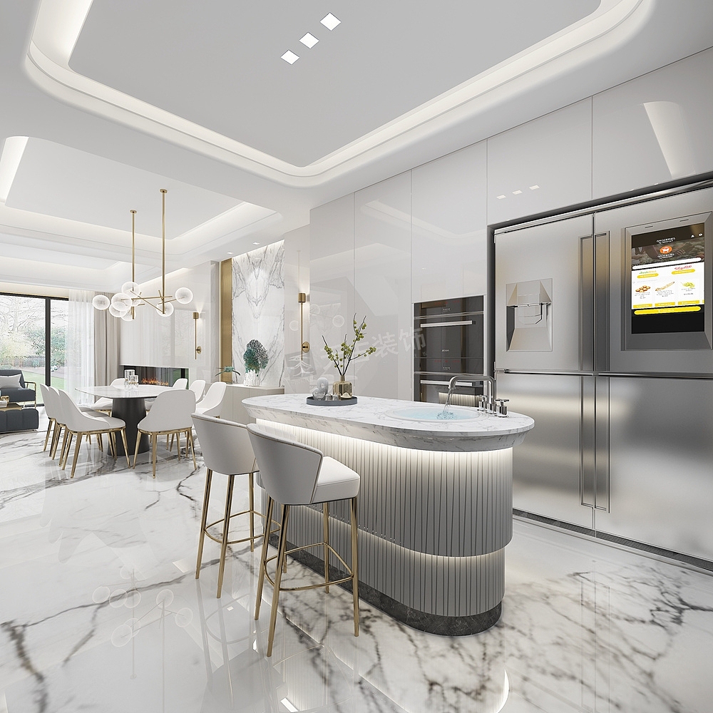 简单的大理石块面,在细节质感的表现上运用肌理的墙纸和硬包,增添空间的层次感与质感。设计师并不追求华丽感,简单的立面造型,极具设计感的灯具与家具配饰,都在诠释着精致奢华考究的生活态度。
<br>