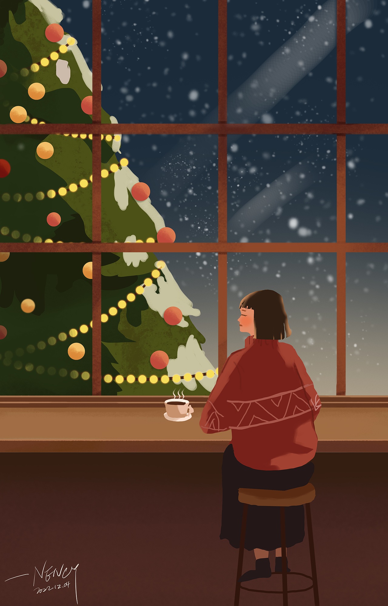 冬季圣诞夜室内插画